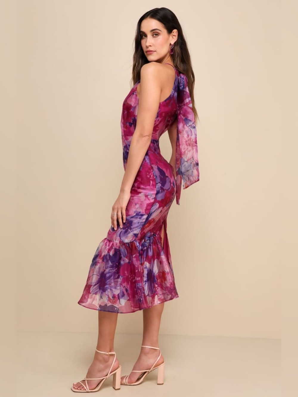 Lulus Admirable Essence Magenta Floral Organza Trumpet Midi Dress Size Medium - Picture 2 of 5